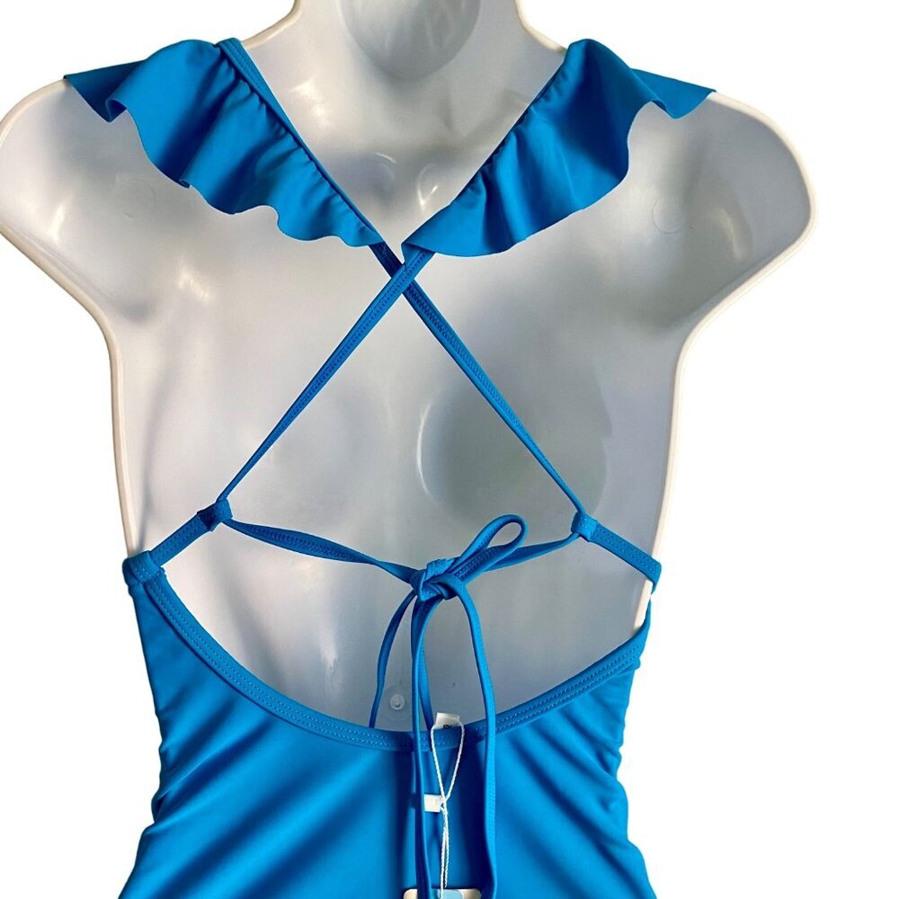 Cupshe Blue Ruffle Tie Back Plunging Neck Strappy One Piece Swimsuit XS NEW NWT - Picture 5 of 10